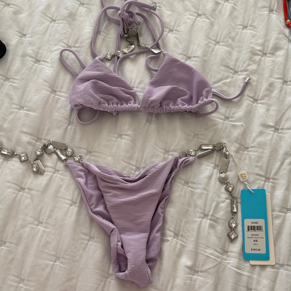 NWT Beach Bunny Lavender Triangle Bikini with Chain Accents Top -small bottom-XS